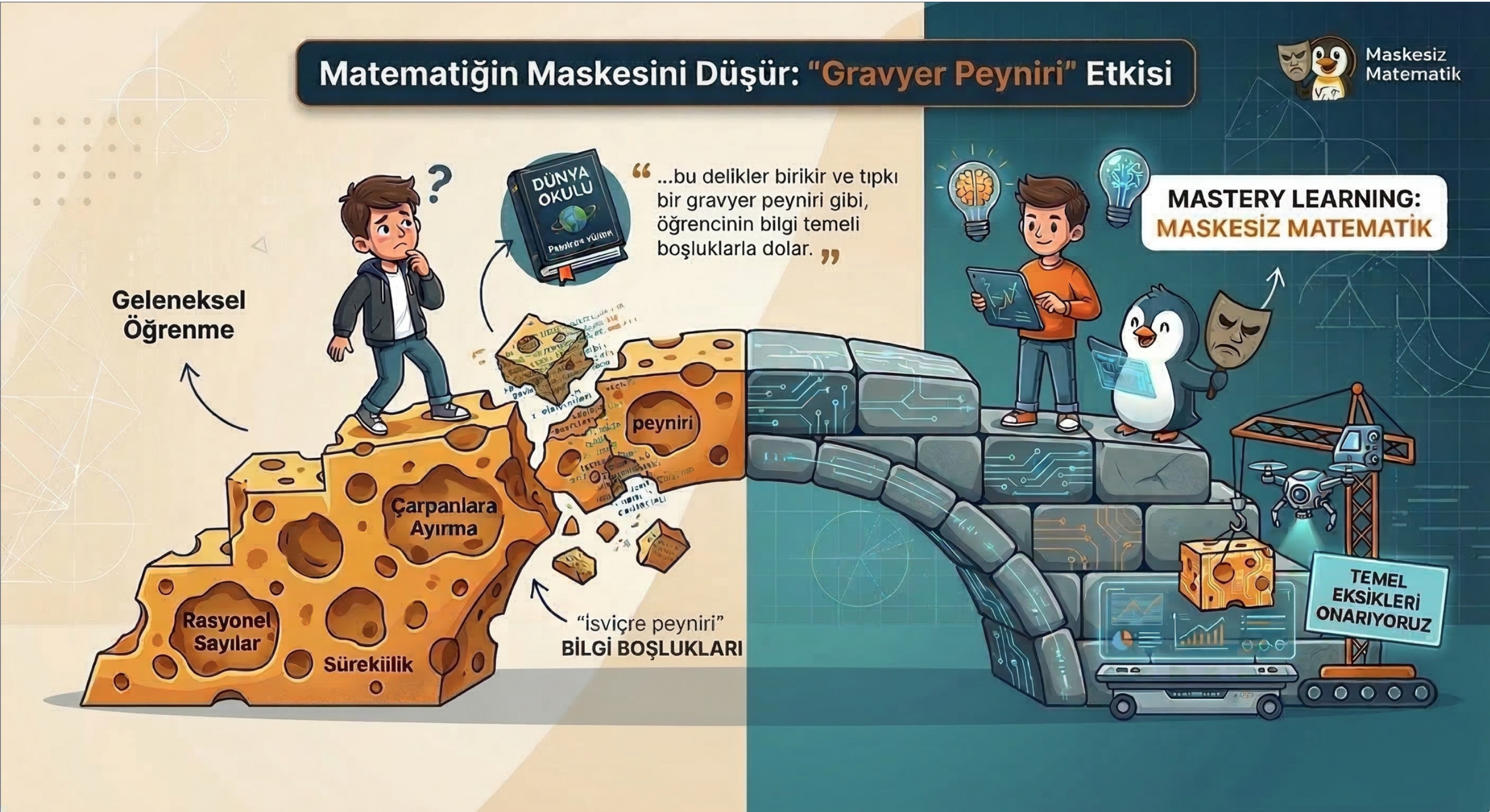 Temel eksikleri onarılan güçlü öğrenme köprüsünü gösteren matematik eğitim görseli.